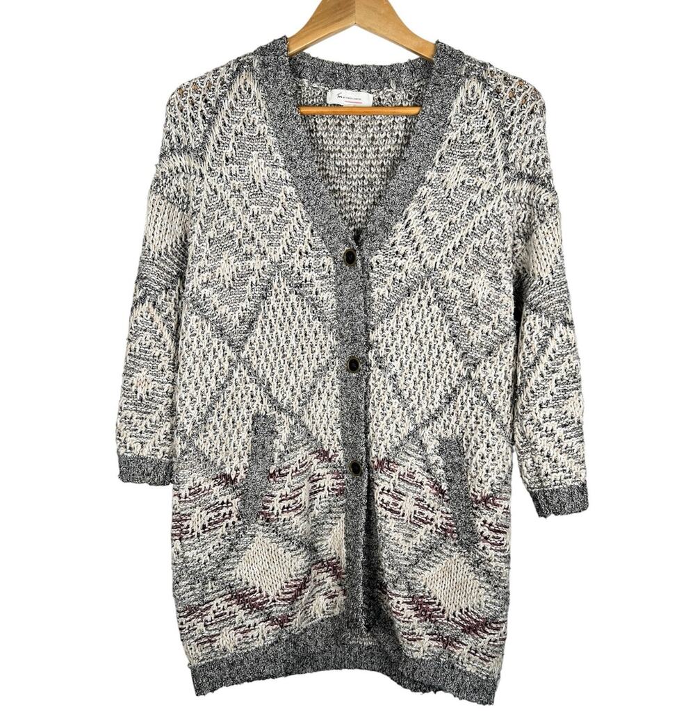 Two by Vince Camuto Womens Geometric Button Front Knit Cardigan Gray Small